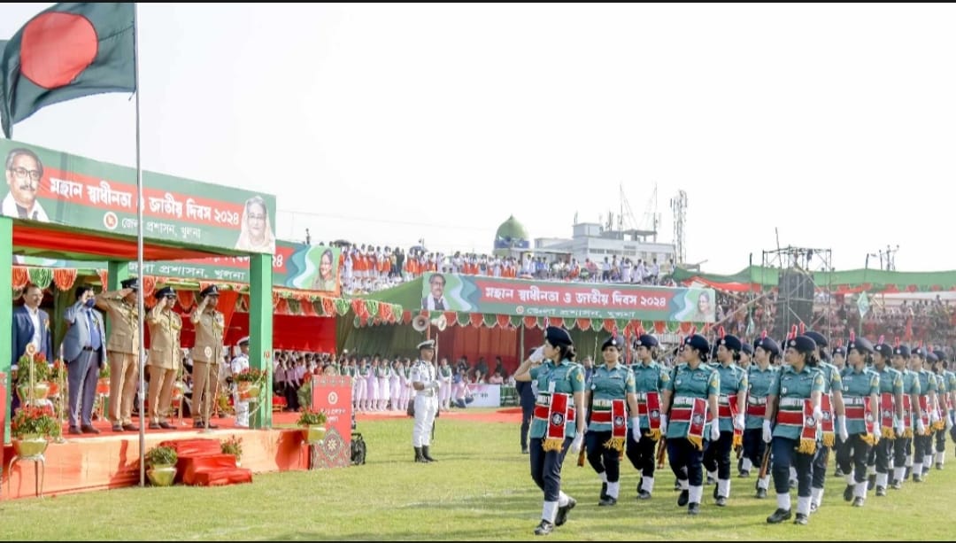 Divisional Commissioner Md. Helal Mahmud Sharif received the parade salute at Khulna District Stadium on the Great Independence and National Day. Photo PID, Khulna